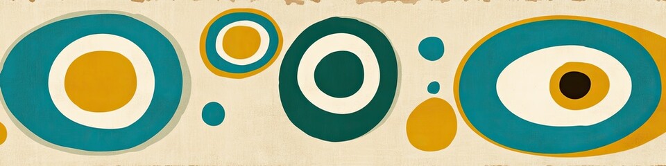 Abstract design featuring overlapping circles in teal, mustard, and dark teal colors on a beige background.  Each circle is a different size and shape, with a small amount of visual texture