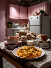 Cozy kitchen with pink cabinets and a rustic dining table set for a homemade meal with pasta bread and jam