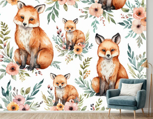 Obraz premium A beautiful wall mural featuring foxes and flowers in a cozy living room setting
