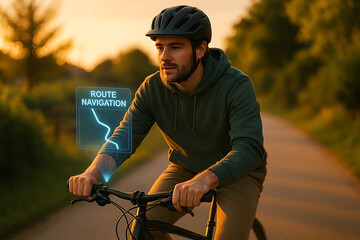 Cyclist with Augmented Reality Navigation, Hologram Concept