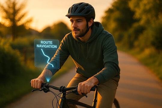 Cyclist with Augmented Reality Navigation, Hologram Concept - Powered by Adobe