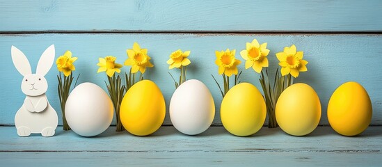 Pastel Easter scene with a decorative white bunny, yellow daffodils, and painted eggs