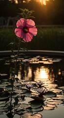 Sunset Serenity: Pink Hibiscus & Water Lilies