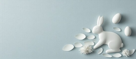 Pastel Easter scene with a white bunny, eggs, and petals