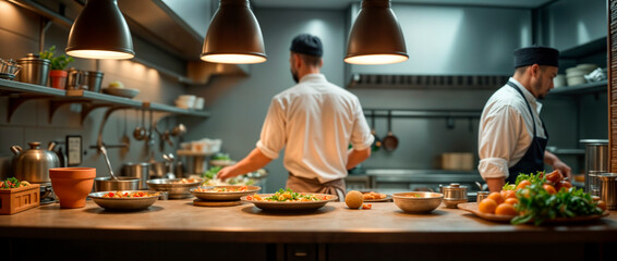 Two chefs working in a busy commercial kitchen preparing ingredients in a restaurant