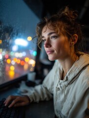 Thoughtful Woman Working with Computer in a Cafe on a Rainy Night, Looking Out the Window