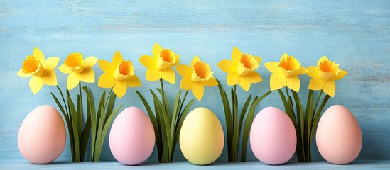 Pastel Easter eggs and paper daffodils on a light blue wooden background