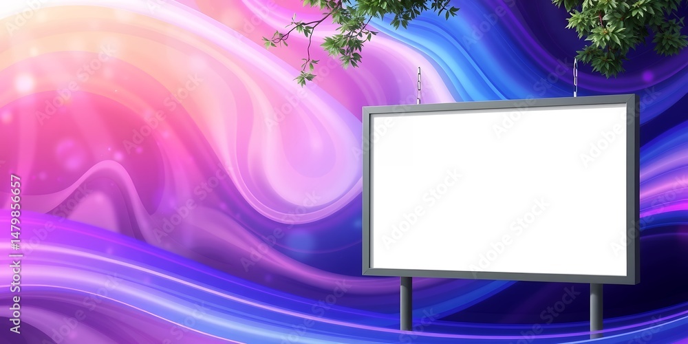 Poster blank billboard with a white screen and a colorful background with tree branches above it