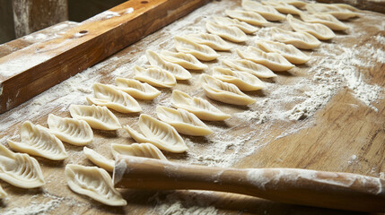 Homemade pasta making process: traditional italian pasta dough recipe and rolling technique