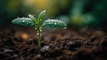 Young seedling sprouting from soil with water droplets, symbolizing growth and renewal
