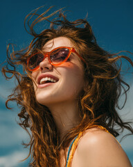 Happy Young Woman in Colorful Sunglasses Under Summer Sky

