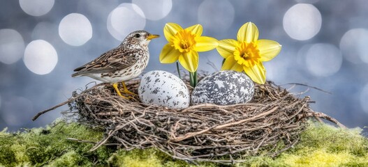 A bird sits in a nest with eggs and daffodils