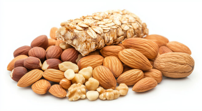 barra de prote&iacute;na energ&eacute;tica feita com am&ecirc;ndoas, nozes mistas e aveia isolada em fundo branco, lanche saud&aacute;vel e nutritivo para viagem