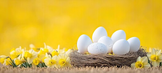 White Easter eggs in a nest with daffodils
