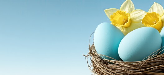 Light blue eggs in a nest with yellow daffodils against a pale blue background