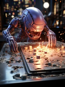 Robotic alien figure leaning over a table with sparks and objects in a dark city background