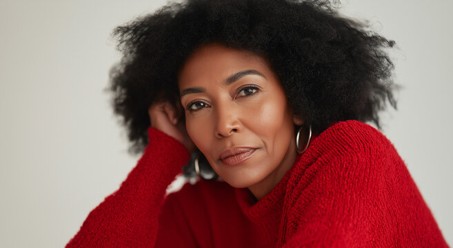 mulher afro-americana confiante na casa dos 50 anos, com cabelo cacheado natural e expressão calma