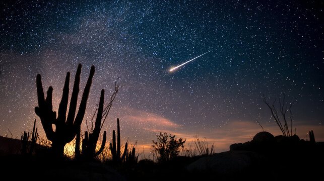Night sky photography of desert landscape with shooting star and cactus silhouette view