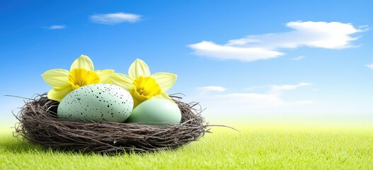 A nest filled with pastel-colored eggs and daffodils sits in a grassy field under a bright blue sky