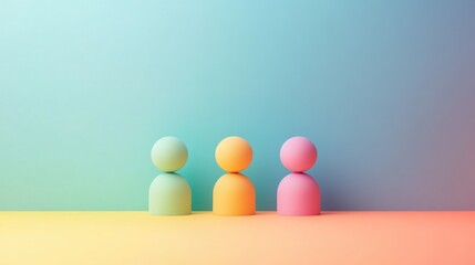 Three pastel-colored, simple figures stand in a row against a gradient background