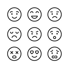 A minimalist line icon set featuring a collection of expressive emoticons representing various human emotions.