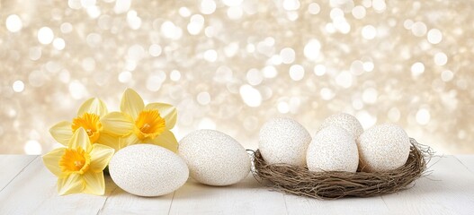 Delicate white eggs and daffodils on a light wooden surface