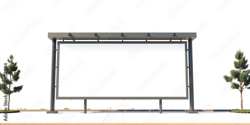 Poster a blank billboard at a bus stop with two trees on either side against a white background