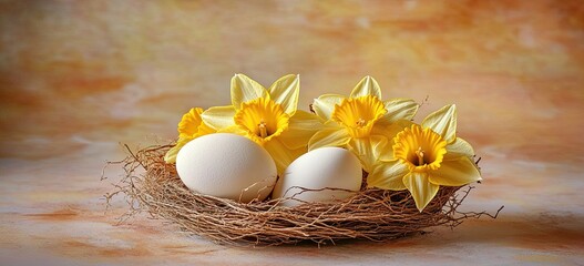 Springtime eggs in a nest with daffodils