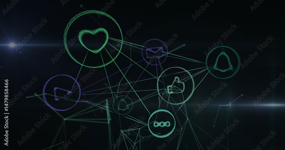 Poster image of network of connections with social media icons on black background