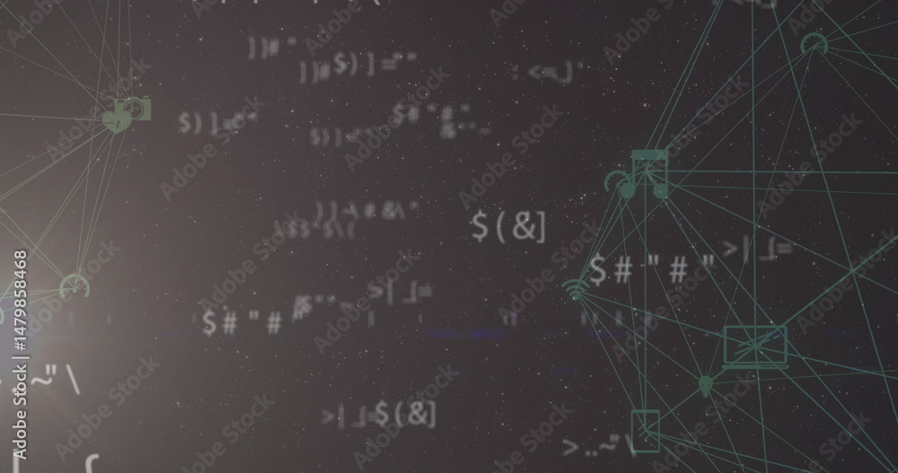 Poster image of network of connections with icons on grey background