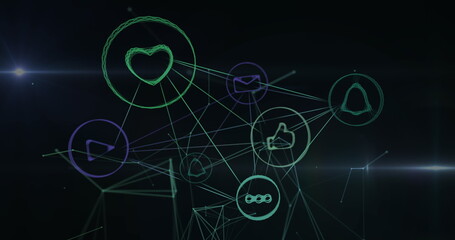 Image of network of connections with social media icons on black background