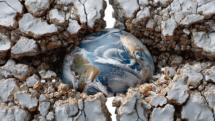 Ecological collapse Concept ,Earth cracking in half, revealing globe amidst broken rocks, symbolizes environmental distress