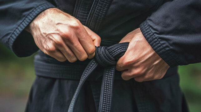 Martial arts black belt tying karate gi uniform training dojo self defense class fitness - Powered by Adobe