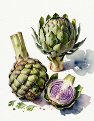 Obraz premium Watercolor illustration of artichokes on a white background, perfect for recipes or food-related designs