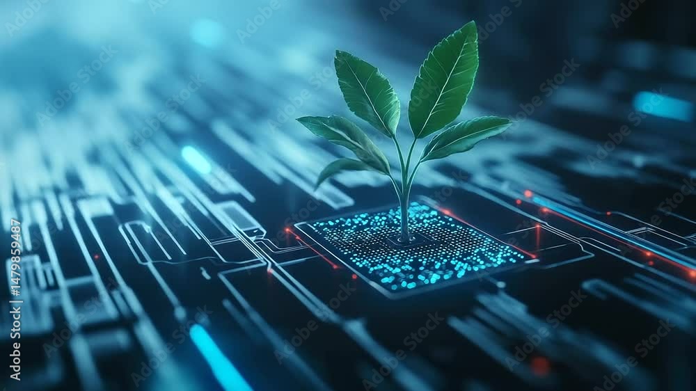 Poster close-up shot of a plant growing from the top of a computer chip, its leaves gently unfolding as dig