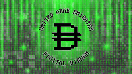 Vector symbol of digital dirham, United Arab Emirates. Bright green glow, many numbers and dark pixel mosaic background.