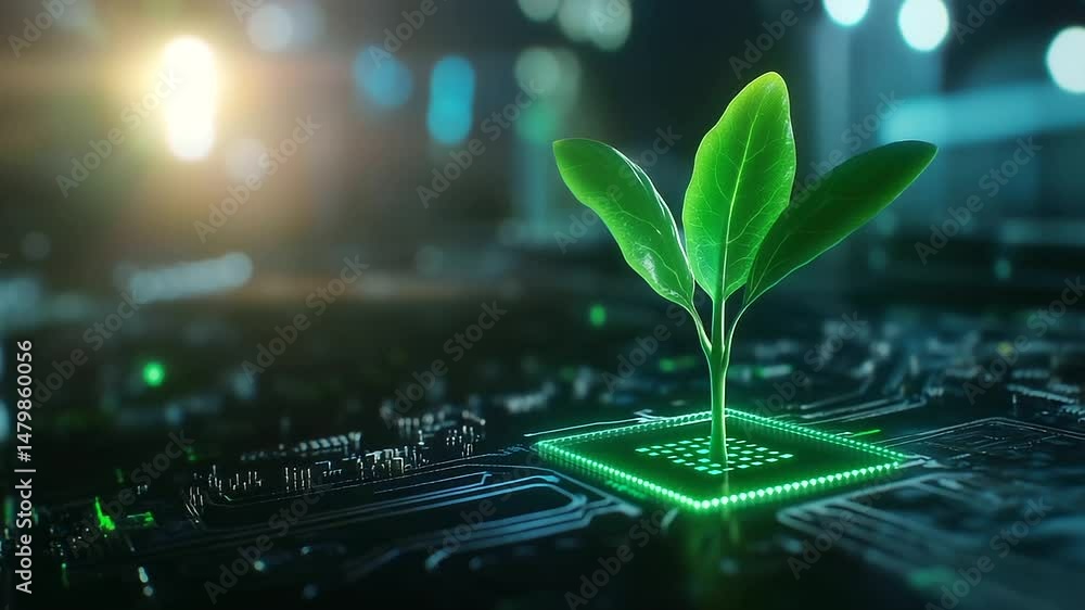 Poster close-up shot of a vibrant green plant sprout emerging from a computer chip, symbolizing the fusion 