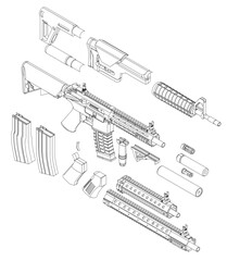 A close up of a gun with the barrel removed. The gun is a rifle with a magazine in the left side. Isometric view. 3D