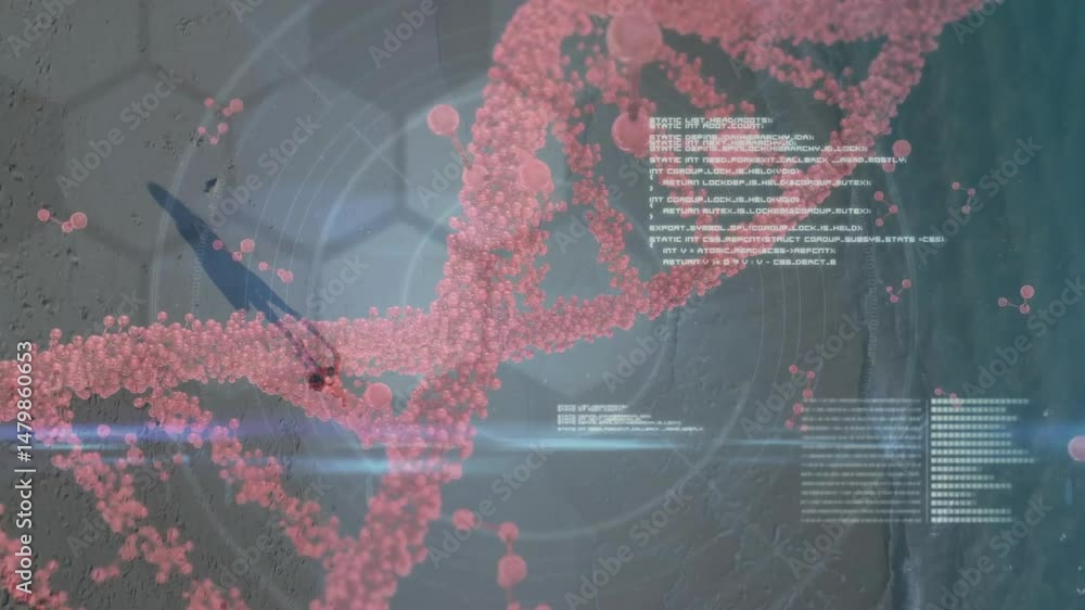Poster scientific simulation interface showcasing twisting pink helix with code text and grid overlays