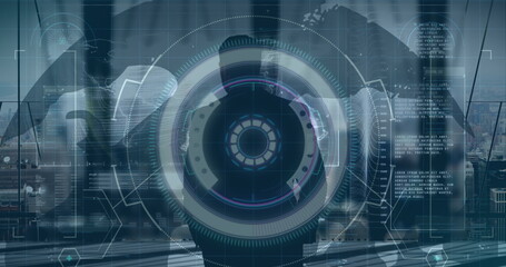Digital interface with data processing and round scanner over rear view of a businessman at office
