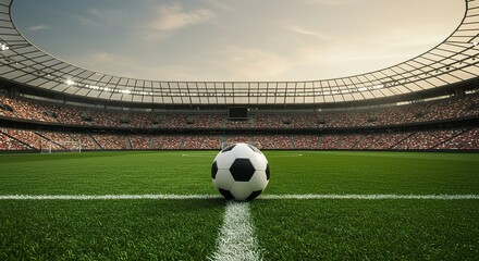 Soccer ball resting on the field in a stadium filled with fans atmosphere