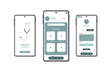Health checkup app. Health checkup interface templates collection. Responsive GUI for mobile apps. Vector illustration