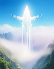 futuristic city, vertical architecture, mountain valley, glowing tower, dramatic landscape, science fiction, isolated structure, surreal environment, towering spire, advanced civilization, wilderness,