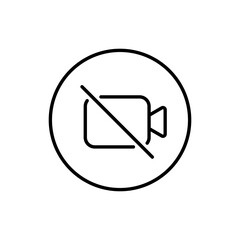 Mute video call outline icon on circle line. Camera off sign symbol