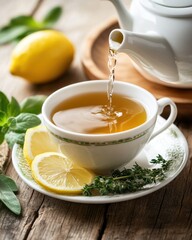Herbal tea being poured into a cup with lemon and thyme on a rustic wooden table top view close up