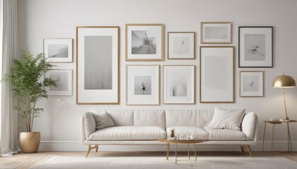 Chic gallery wall mockup with diverse frame styles  White background, interior setting ,  minimal,  diverse