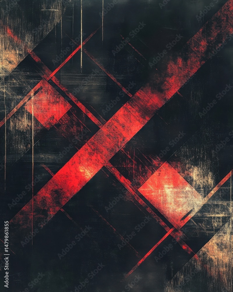 Poster abstract grunge design with red lines and squares on dark background high contrast and textured surf