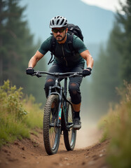 Naklejka premium A person rides a bicycle on a dirt path