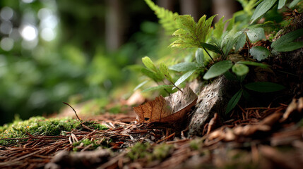 Serene forest floor with lush green plants, fallen leaves, and soft moss creates tranquil atmosphere