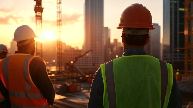 Construction workers in safety vests and hard hats, gathered together at a site during the golden hour of sunset, overseeing a building under construction with scaffolding and heav